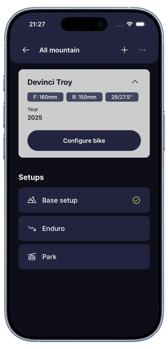 BouncyBits bike screen showing specs and a list of saved setups