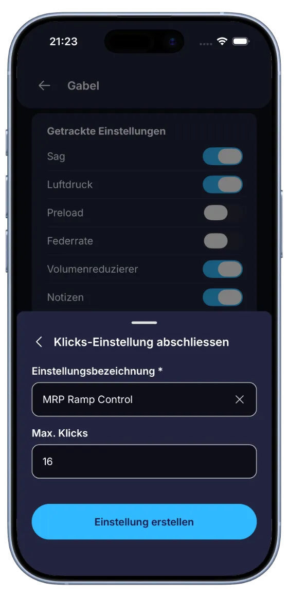 BouncyBits Gabel-Konfigurationsbildschirm mit Schaltern zur Auswahl der zu verfolgenden Einstellungen im Hintergrund und die Konfiguration einer benutzerdefinierten Klicker-Einstellung im Vordergrund