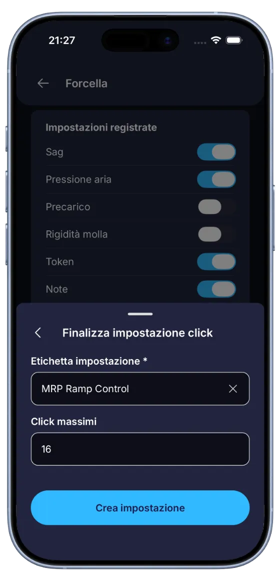 Schermata di configurazione forcella di BouncyBits con interruttori per scegliere quali impostazioni tracciare in background, e la configurazione di un'impostazione clic personalizzata in primo piano
