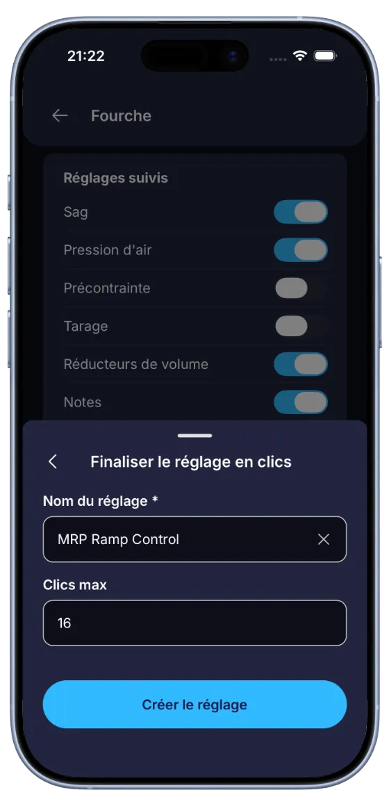 Écran de configuration de fourche BouncyBits avec des interrupteurs pour choisir quels réglages suivre en arrière-plan, et la configuration d'un réglage de clic personnalisé au premier plan