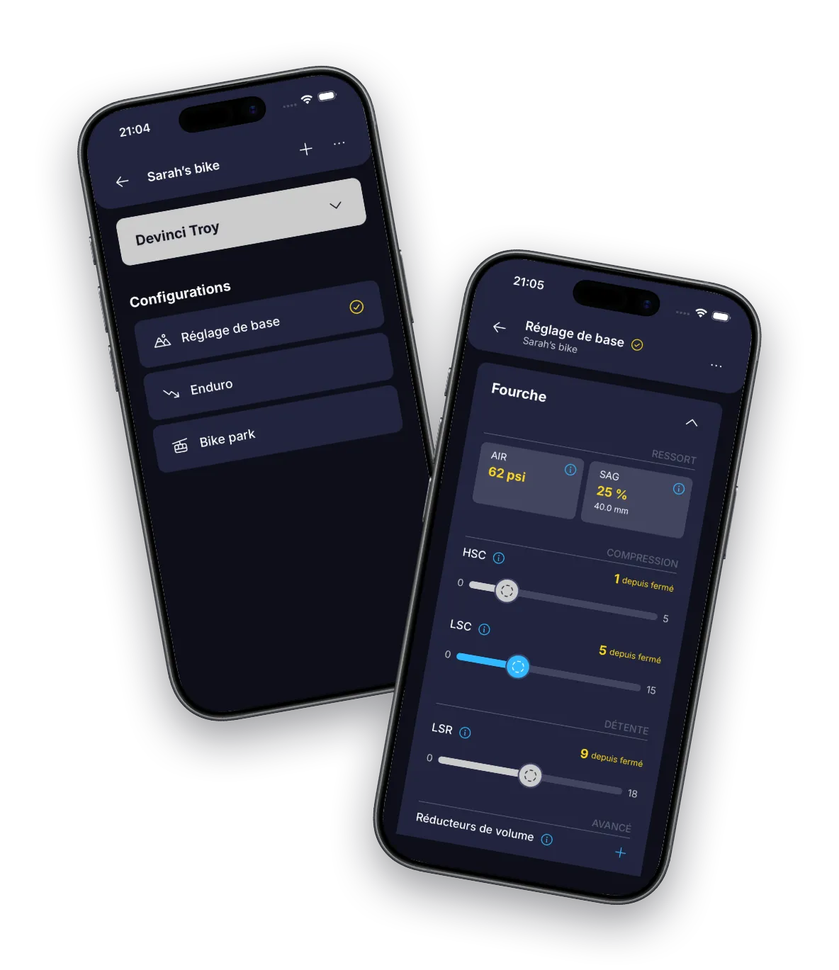 Application BouncyBits affichant une liste de configurations et les réglages de fourche sur deux iPhones
