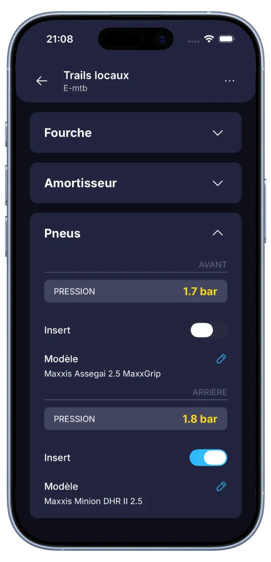 Écran de configuration BouncyBits affichant les réglages de fourche, d'amortisseur et de pneus